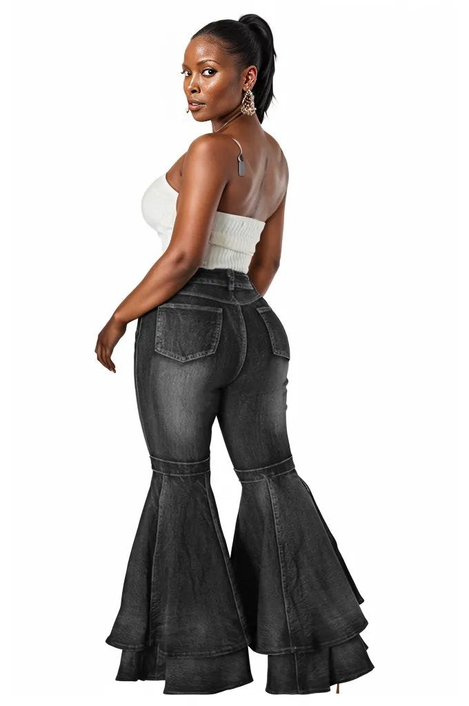 Dani Flare Leg Denim Pants – Wide-Leg Multi-Layer Design with Pockets