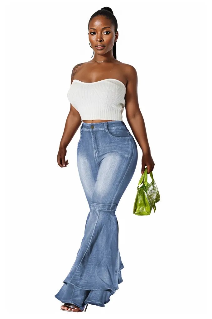 Dani Flare Leg Denim Pants – Wide-Leg Multi-Layer Design with Pockets