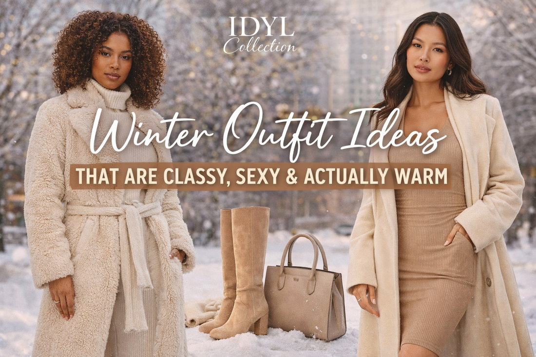 Two diverse women in cozy-chic winter outfits pose in a snowy city setting for a blog banner titled “Winter Outfit Ideas That Are Classy, Sexy & Actually Warm.”