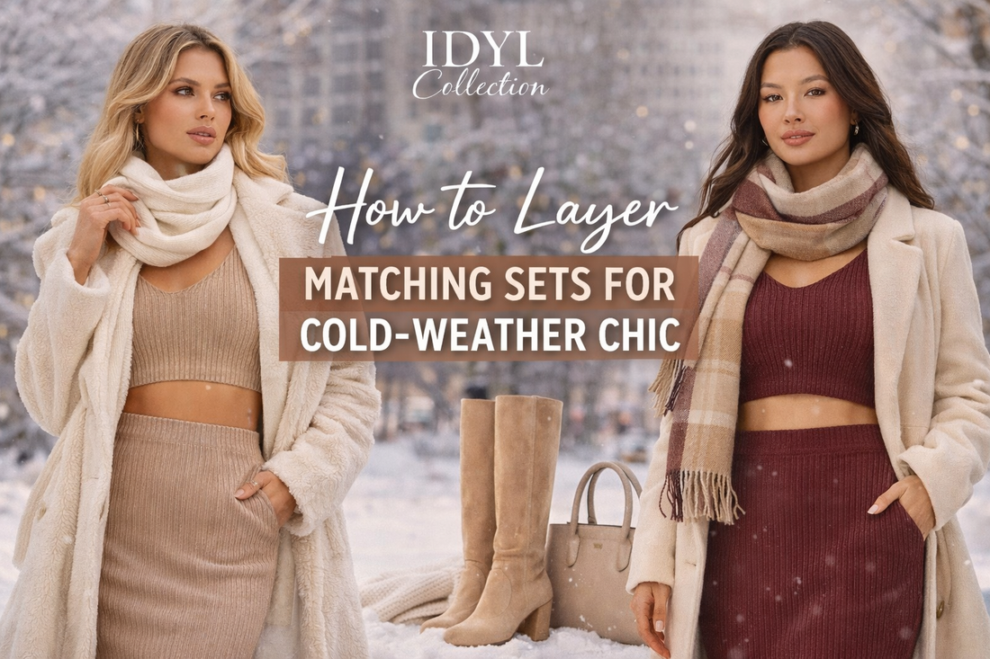 Two women wear layered matching sets with winter coats and scarves in a snowy city scene.
