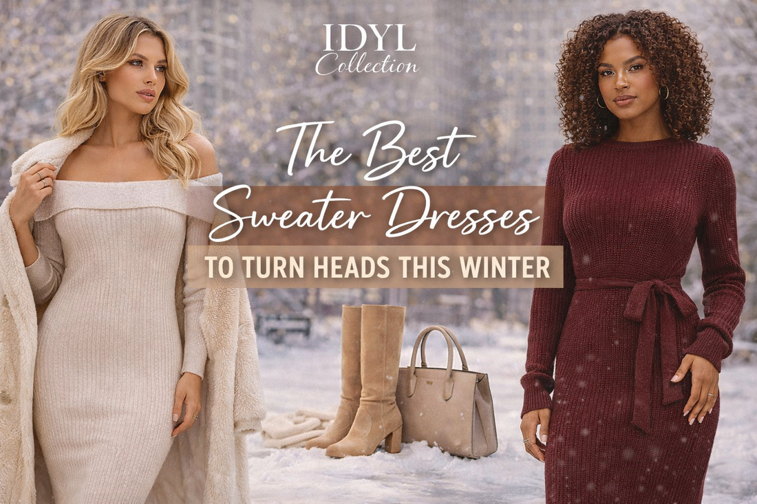 Two women wearing stylish winter sweater dresses pose in a snowy city scene for a blog banner.