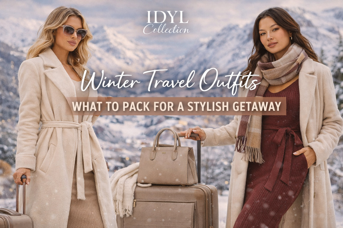 Two women in winter coats and knit dresses pose with luggage in a snowy mountain setting for a travel-themed blog banner.