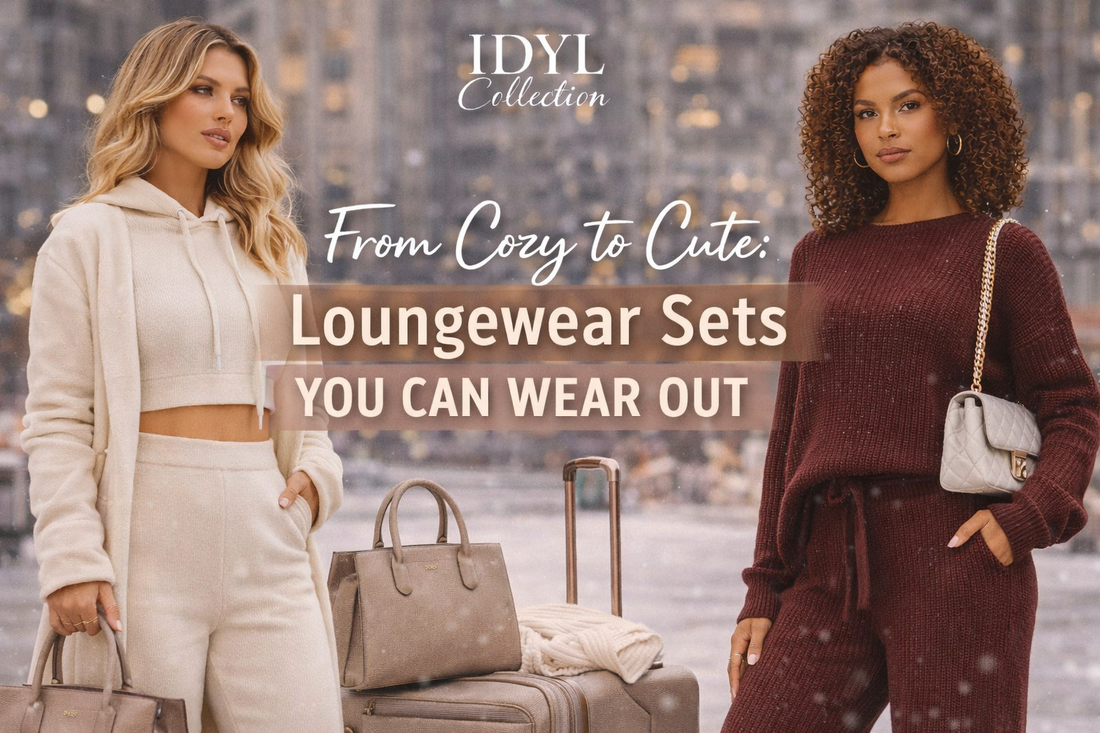 Two stylish women wear loungewear sets in an urban winter setting for a blog banner.