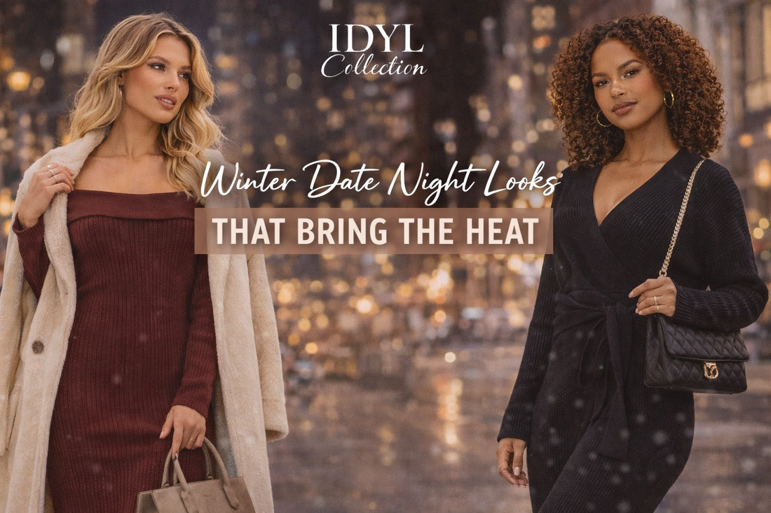 Two diverse women in winter date night dresses pose under city lights in a stylish blog banner.