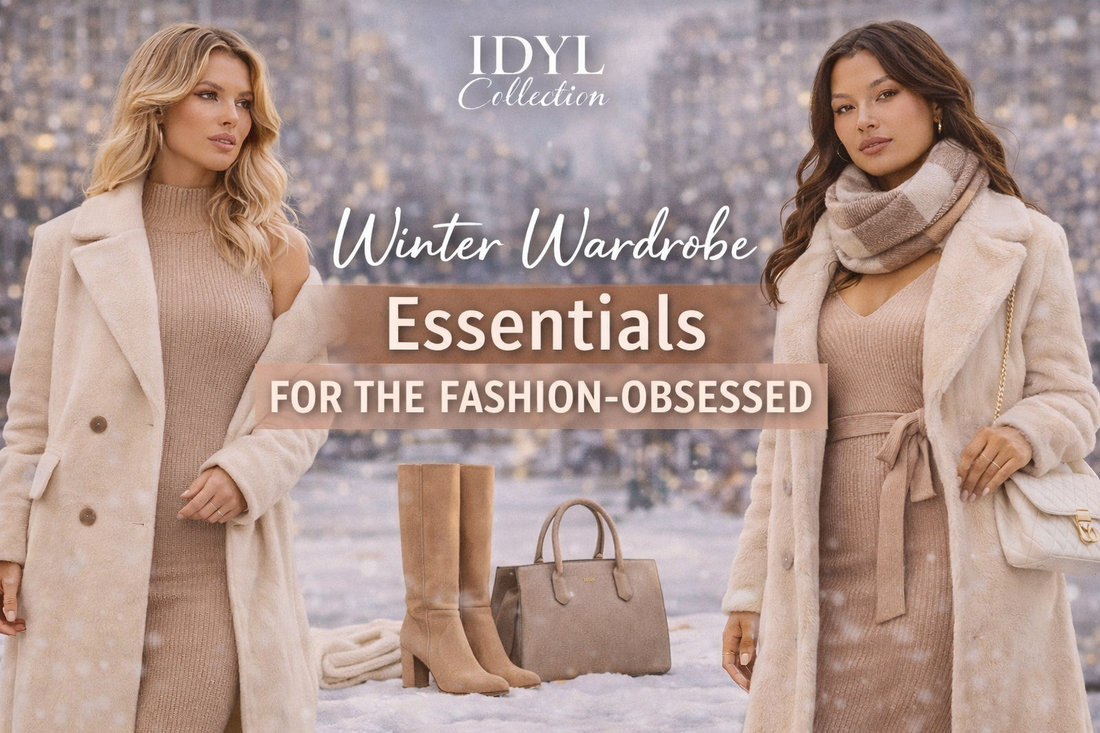 Two fashionable women in winter coats and knits pose in a snowy cityscape for a stylish wardrobe essentials banner.