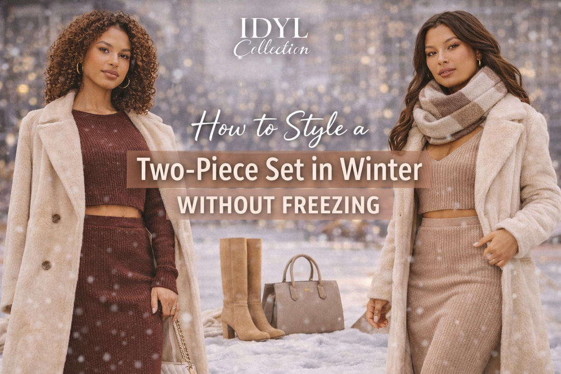 Two Black and Brown women wearing winter-ready two-piece sets pose confidently in a snowy city scene.